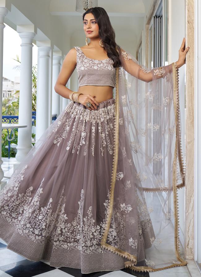 Butterfly Net Dusty Brown Wedding Wear Embroidery Work Lehenga Choli